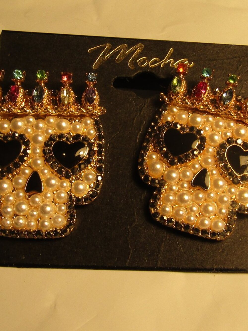 NOC MOCHA SKELETON HEAD PIERCED EARRINGS Faux Pearl Enamel Rhinestones Halloween